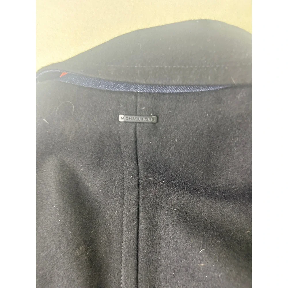Michael Kors Mens Black Wool Blend Pea Coat Orange Lining Large Anchor Buttons